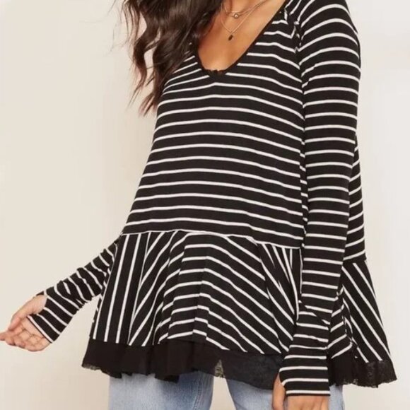 Free People Tangerine Black White Striped Oversized Peplum Top M - Picture 2 of 15